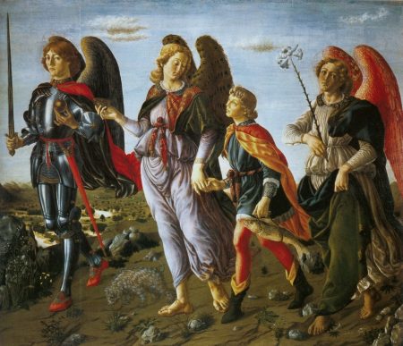 Francesco Botticini, Tobias et les trois archanges, détrempe sur bois (134 x 153 cm), vers 1467, Galleria degli Uffizi, Florence